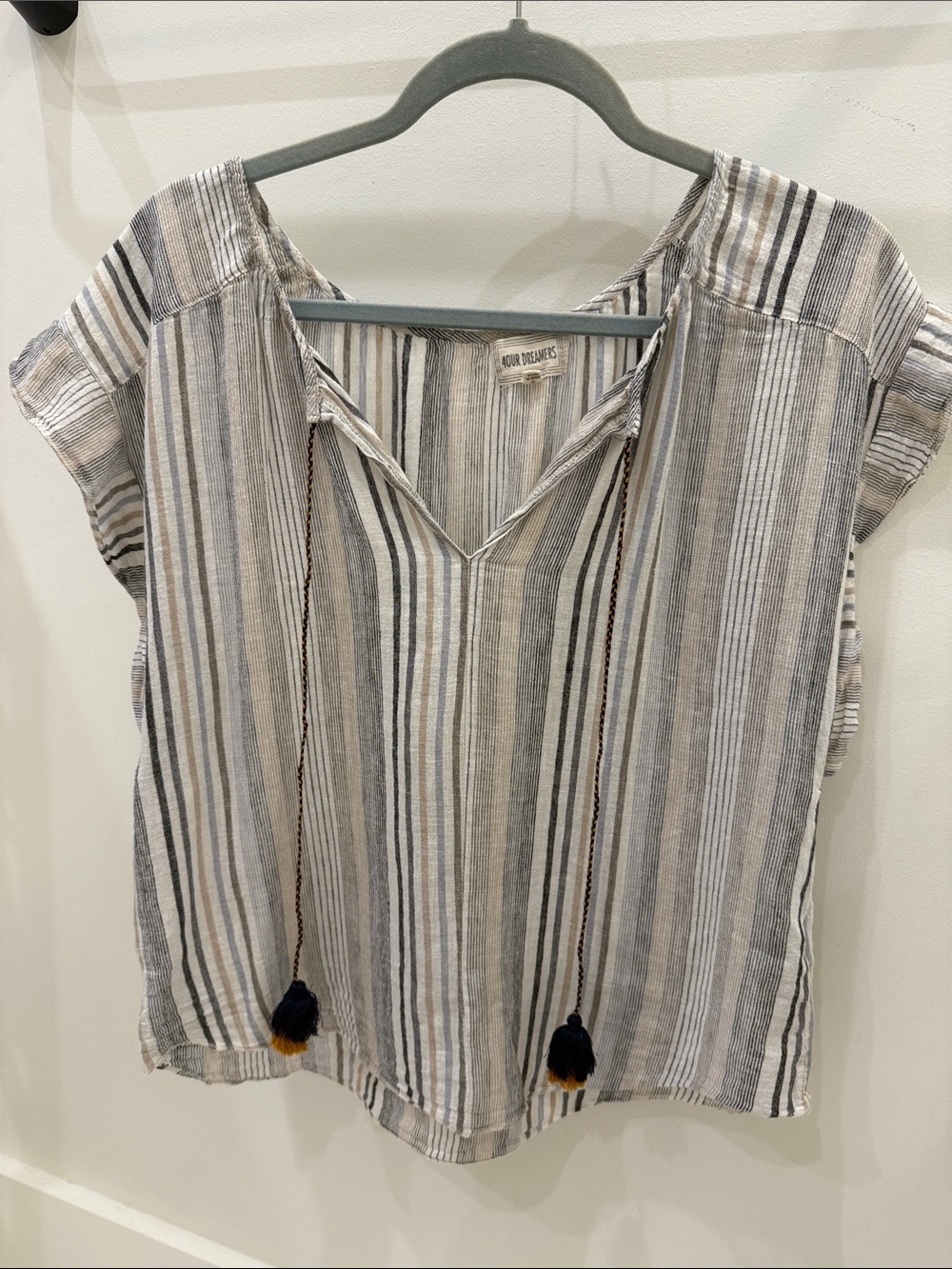 Dreamers Striped Linen 100% Cotten Blouse - Gray, White, Navy, Mustard